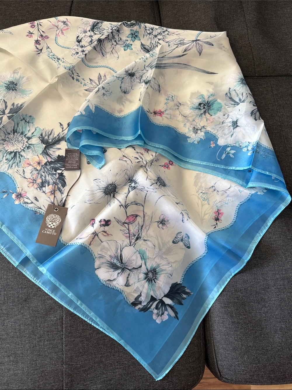 Blue Floral Silk Scarf -